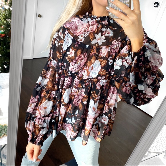 🍂 O.P.T ANTHROPOLOGY BOHO FLORAL 2-in-1 BLACK RUST RUFFLE BAGGY LONG SLEEVE TOP - Picture 3 of 16